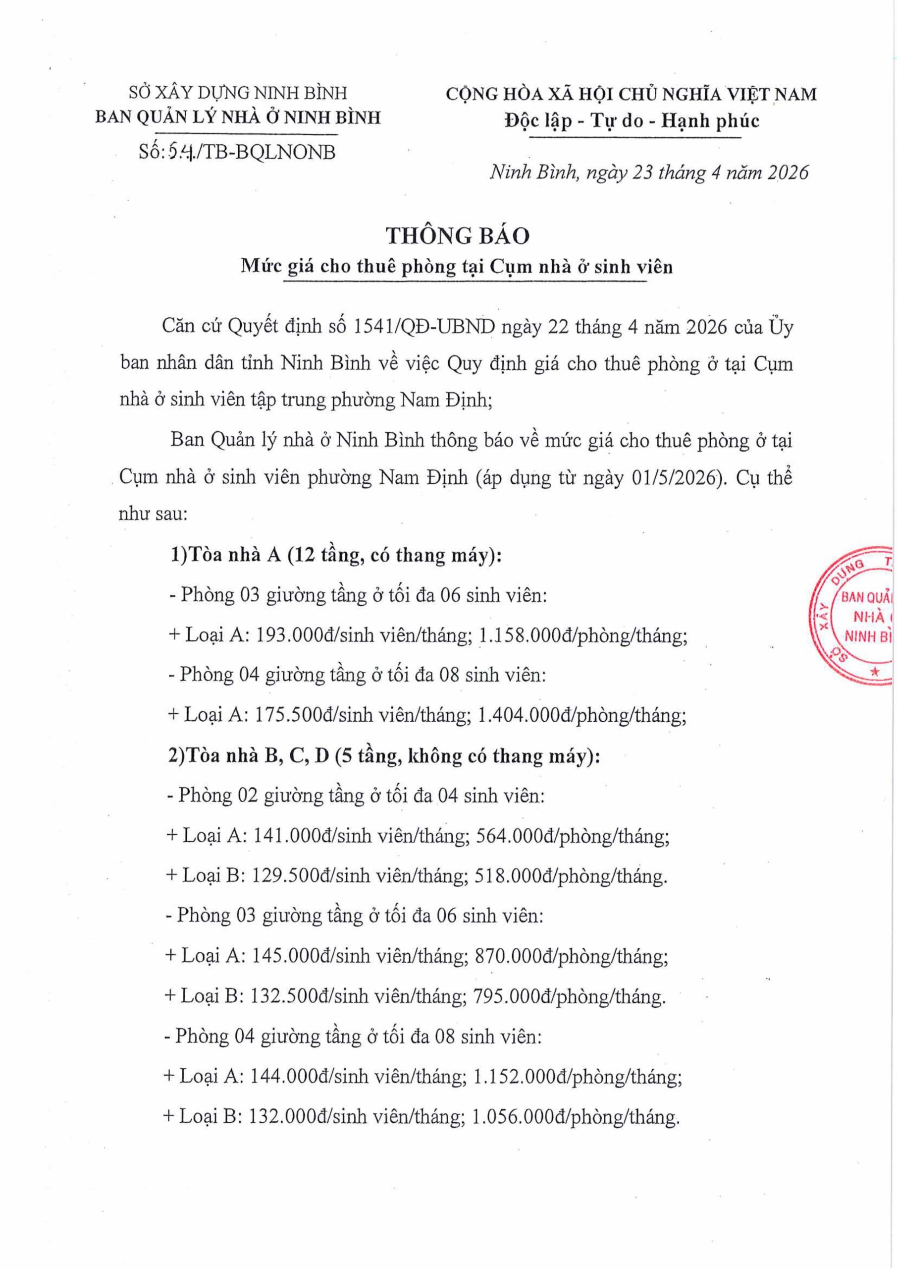 MỨC GIÁ CHO THUÊ PHÒNG MỚI TẠI CỤM NHÀ Ở SINH VIÊN TẬP TRUNG PHƯỜNG NAM ĐỊNH