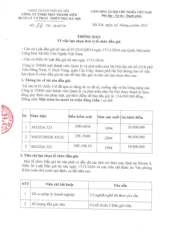 Thông báo về việc lựa chọng đơn vị tổ chức đấu giá