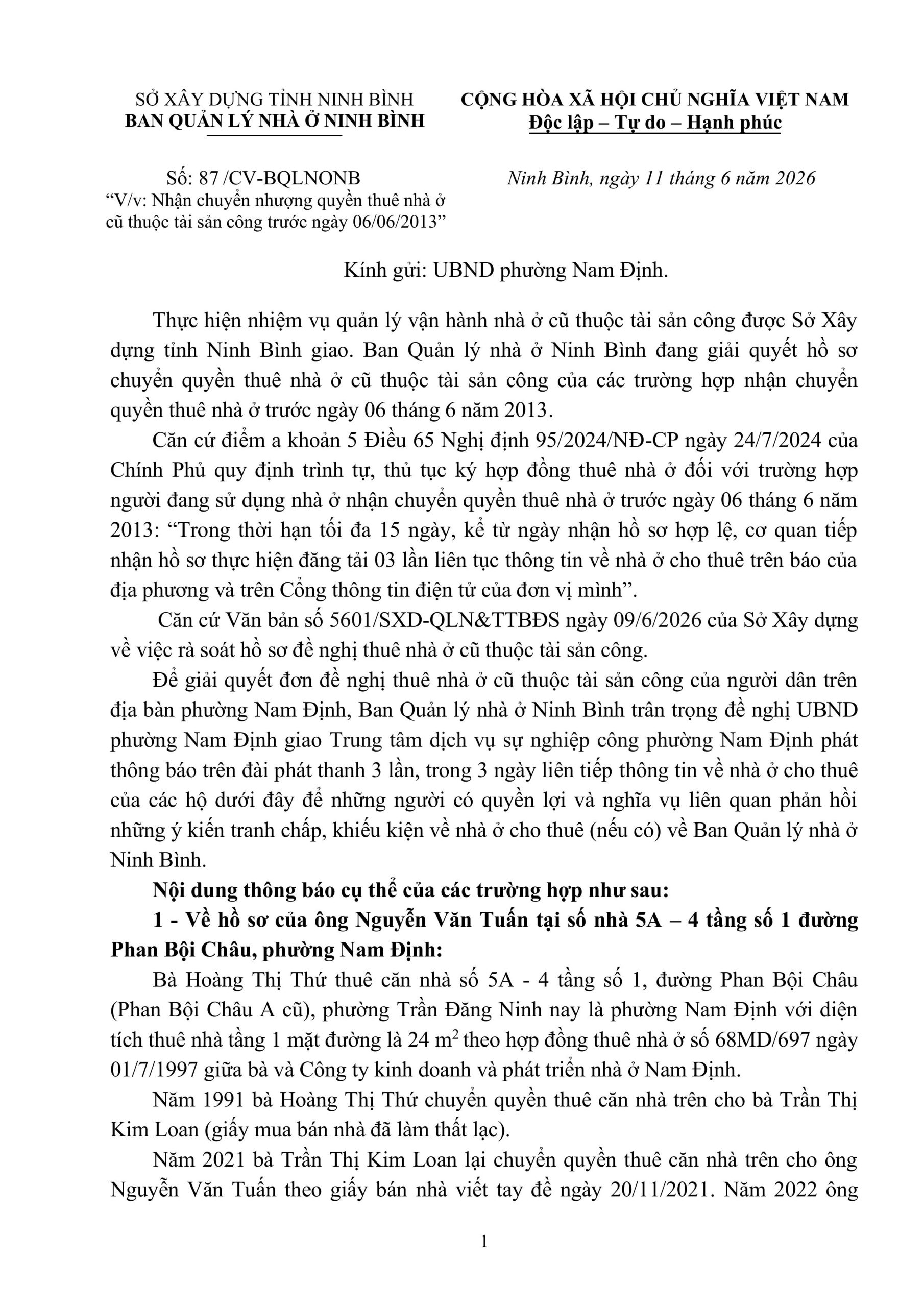 Đăng tin đối với Hồ sơ nhận chuyển nhượng quyền thuê nhà ở cũ thuộc tài sản công trước ngày 06/06/2013