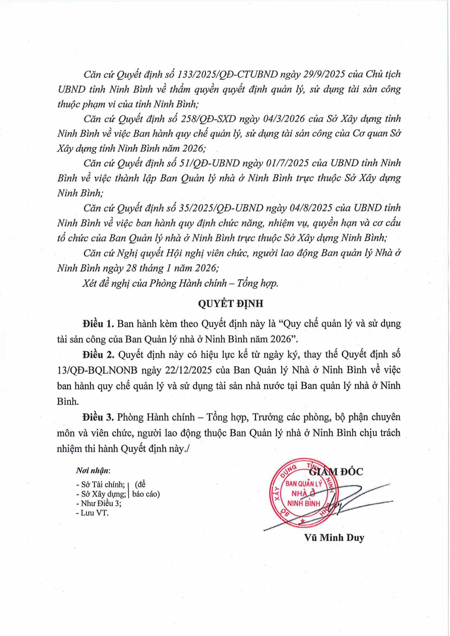 “Quy chế quản lý và sử dụng tài sản công của Ban Quản lý nhà ở Ninh Bình năm 2026”