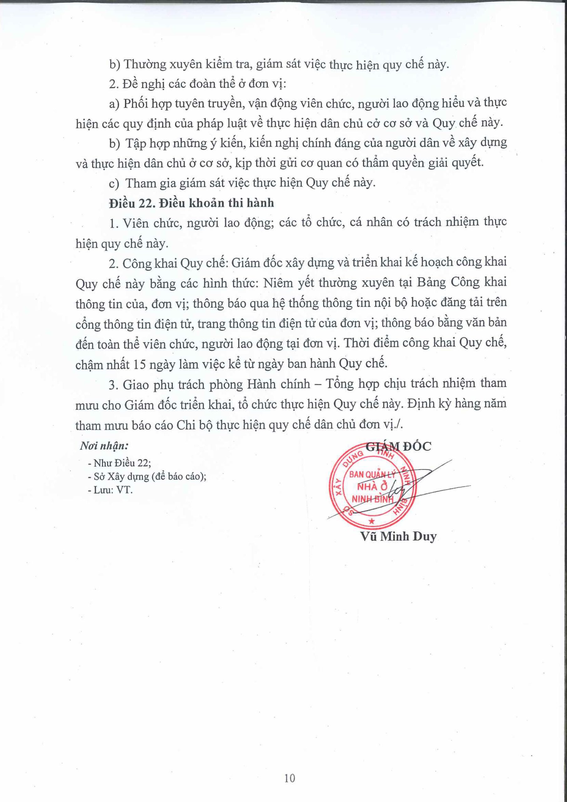 Quy chế thực hiện dân chủ trong hoạt động của Ban Quản lý nhà ở Ninh Bình năm 2026