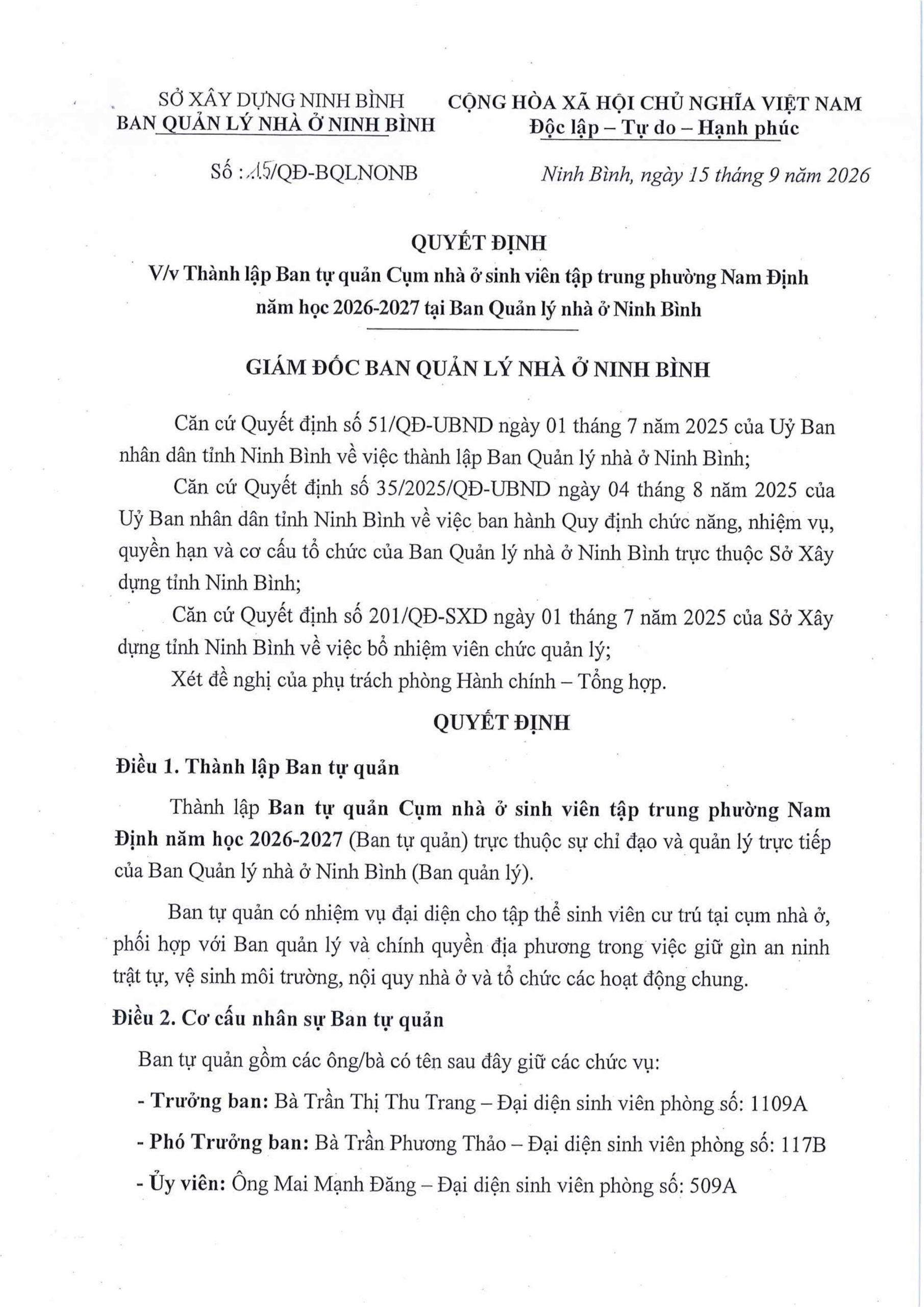 Quyết định thành lập Ban tự quản Cụm nhà ở sinh viên tập trung phường Nam Định năm học 2026-2027