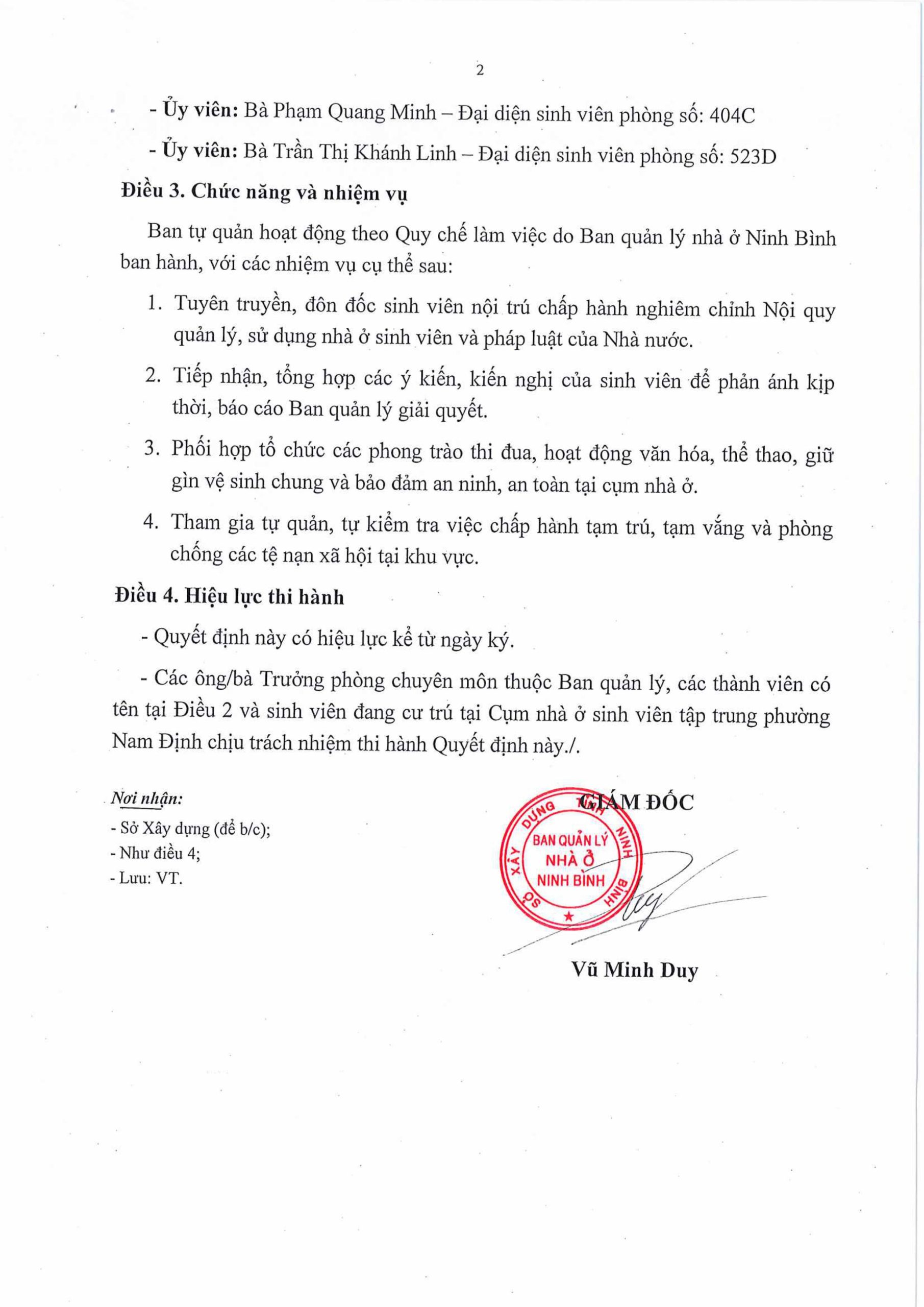 Quyết định thành lập Ban tự quản Cụm nhà ở sinh viên tập trung phường Nam Định năm học 2026-2027
