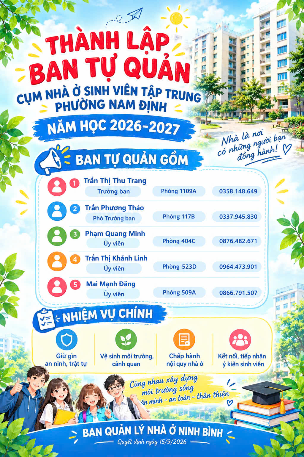 Quyết định thành lập Ban tự quản Cụm nhà ở sinh viên tập trung phường Nam Định năm học 2026-2027